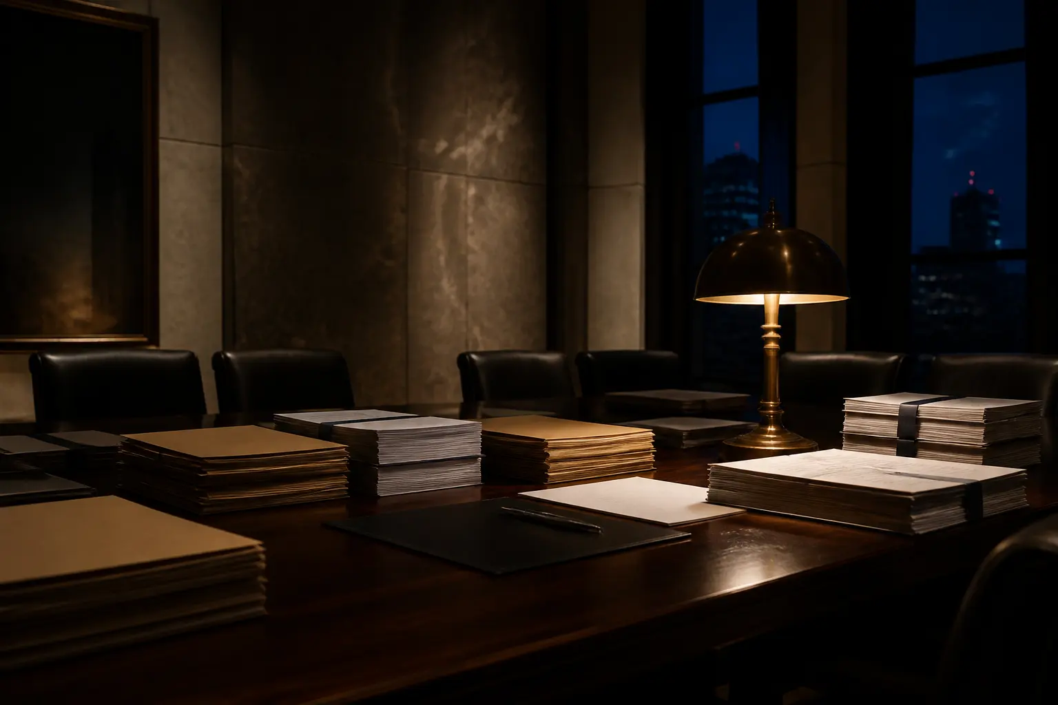 A quiet audit-committee room with stacked reports, a bronze lamp, and empty chairs